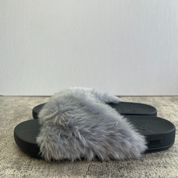 Victoria Secret PINK  Faux Fur Blue Grey and Black Slides Limited Edition Size 7 - Picture 3 of 9